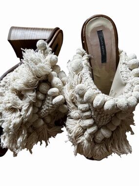 Zara Cream Fringe Pom-Pom Slip-On Mules
